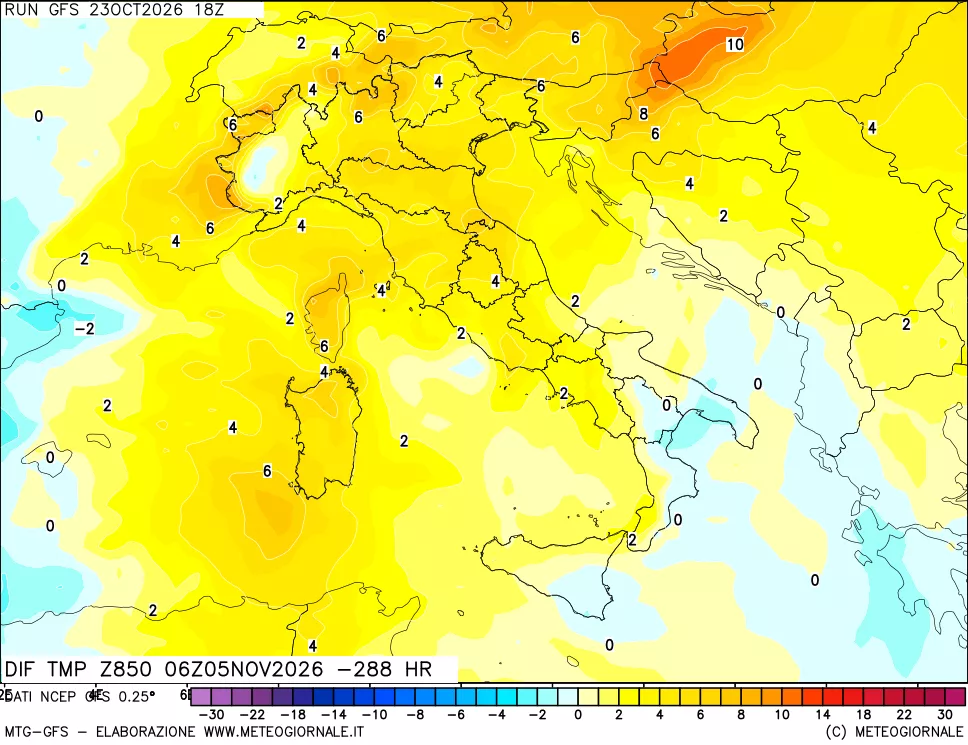 mappa Dif. Temp a 850 hPa Valid - Init