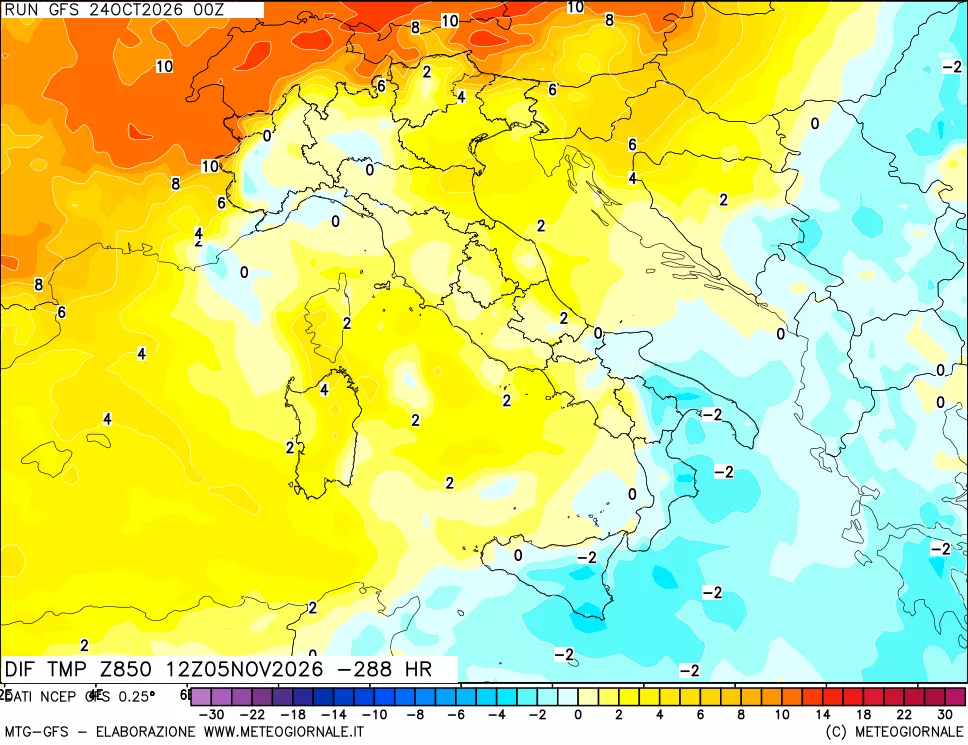 mappa Dif. Temp a 850 hPa Valid - Init