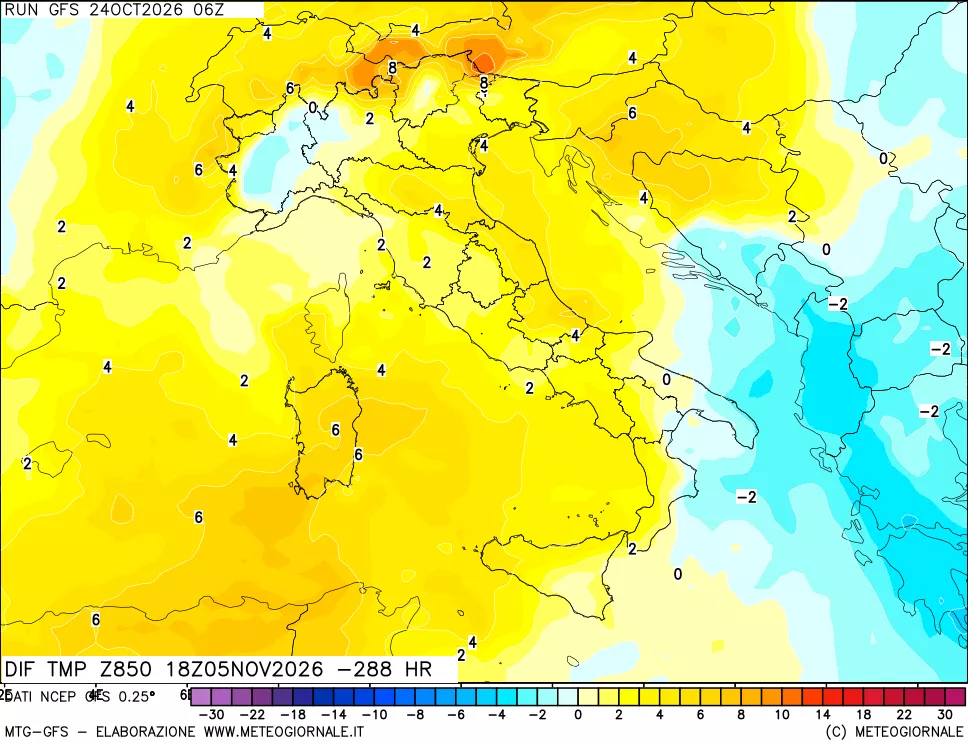 mappa Dif. Temp a 850 hPa Valid - Init
