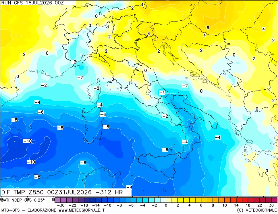 mappa Dif. Temp a 850 hPa Valid - Init