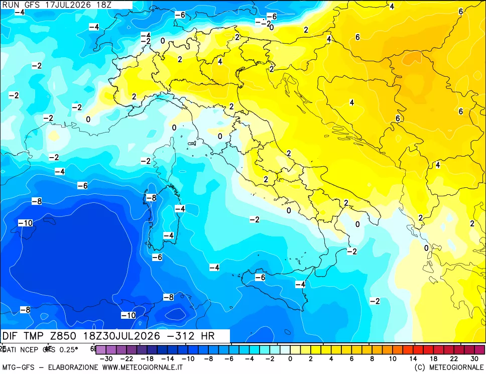 mappa Dif. Temp a 850 hPa Valid - Init