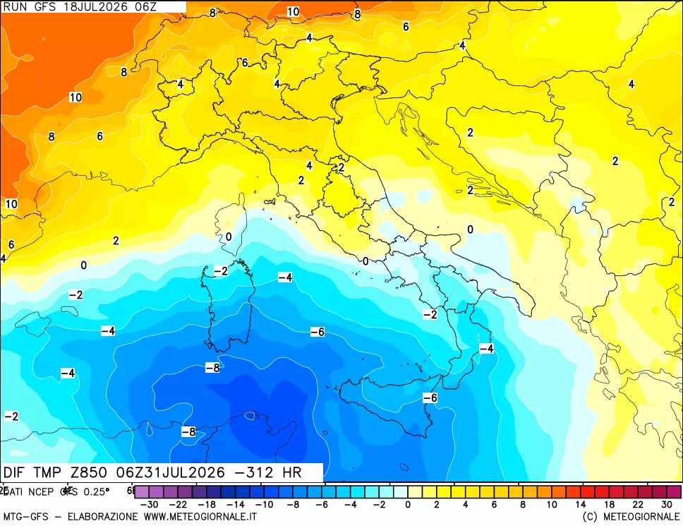 mappa Dif. Temp a 850 hPa Valid - Init
