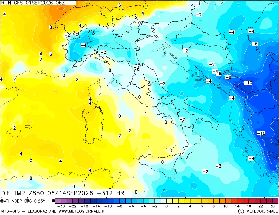 mappa Dif. Temp a 850 hPa Valid - Init