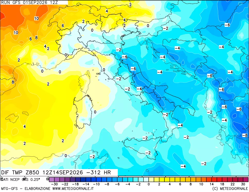 mappa Dif. Temp a 850 hPa Valid - Init