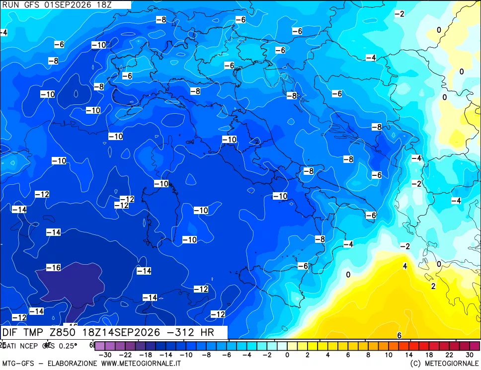 mappa Dif. Temp a 850 hPa Valid - Init