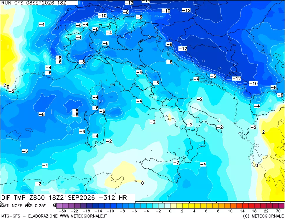 mappa Dif. Temp a 850 hPa Valid - Init