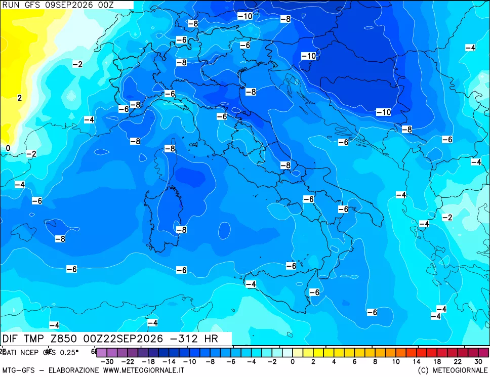 mappa Dif. Temp a 850 hPa Valid - Init