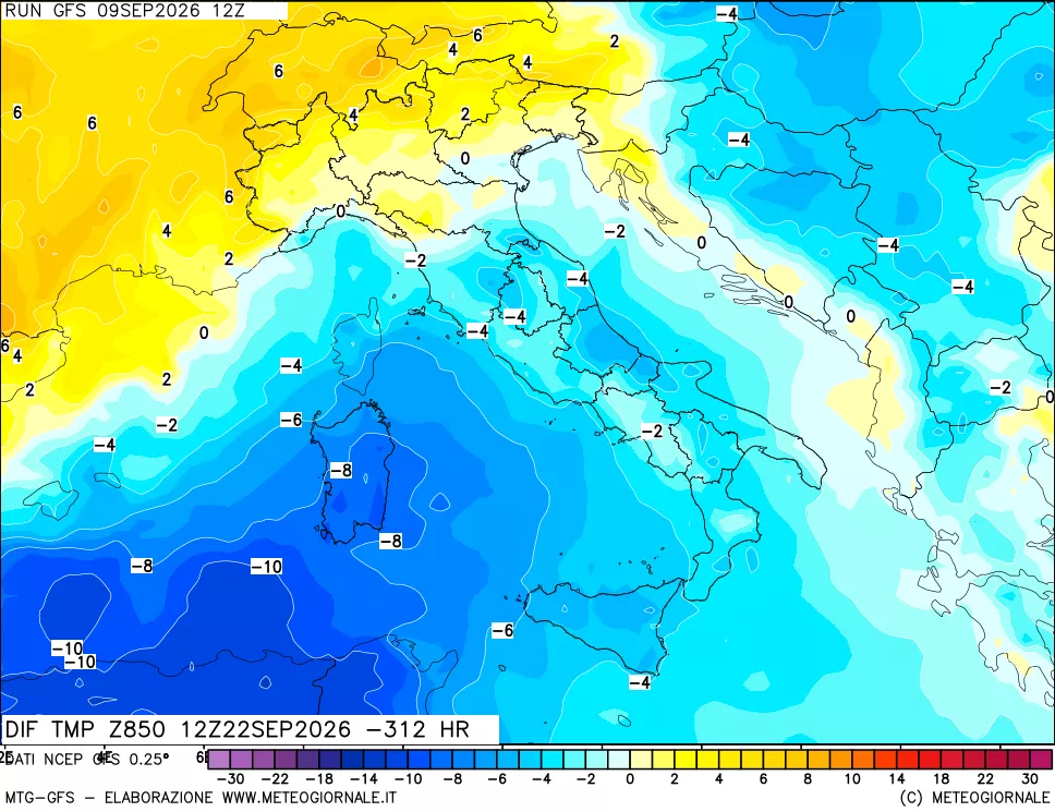 mappa Dif. Temp a 850 hPa Valid - Init