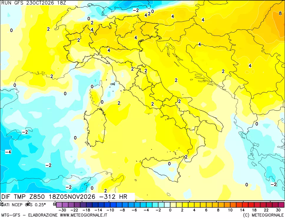 mappa Dif. Temp a 850 hPa Valid - Init