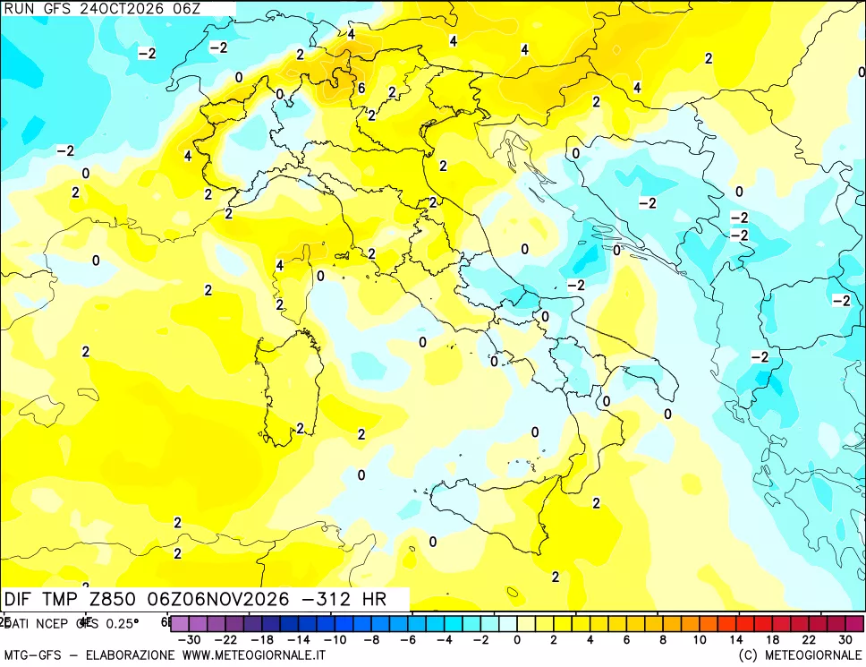 mappa Dif. Temp a 850 hPa Valid - Init