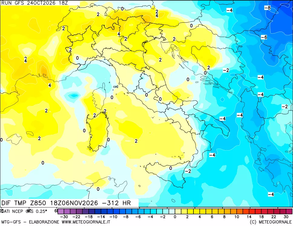 mappa Dif. Temp a 850 hPa Valid - Init