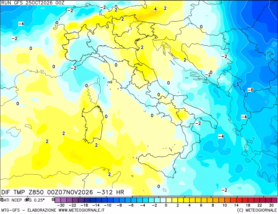 mappa Dif. Temp a 850 hPa Valid - Init