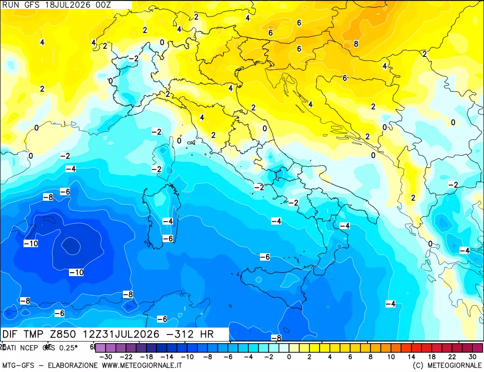 mappa Dif. Temp a 850 hPa Valid - Init