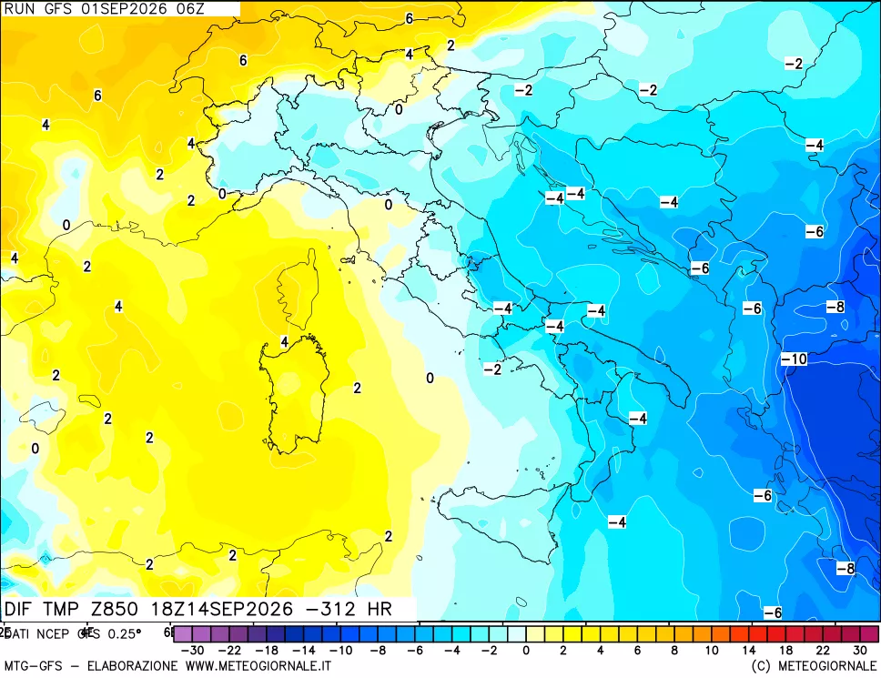 mappa Dif. Temp a 850 hPa Valid - Init