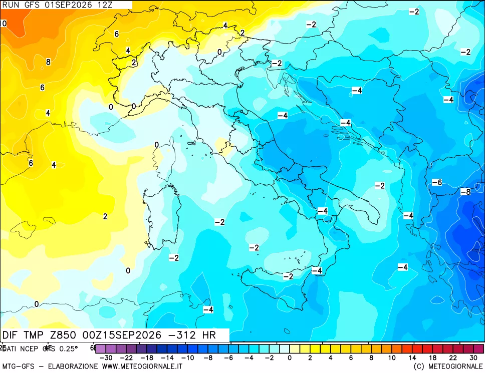 mappa Dif. Temp a 850 hPa Valid - Init