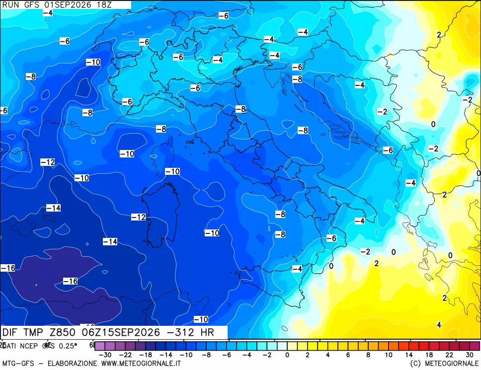 mappa Dif. Temp a 850 hPa Valid - Init