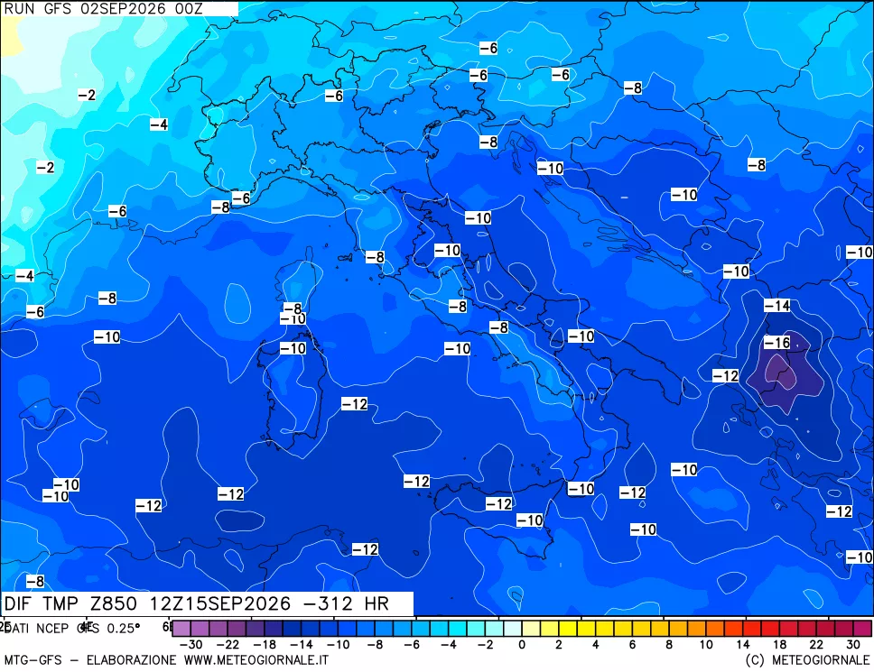 mappa Dif. Temp a 850 hPa Valid - Init