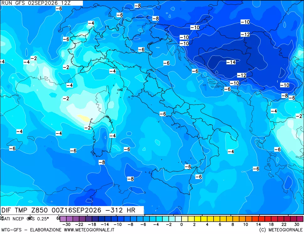 mappa Dif. Temp a 850 hPa Valid - Init