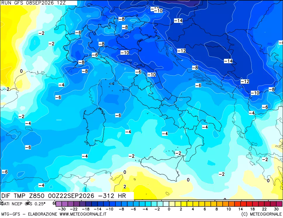 mappa Dif. Temp a 850 hPa Valid - Init