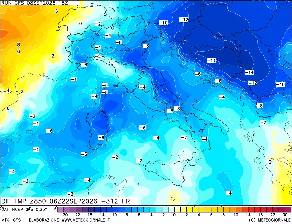 mappa Dif. Temp a 850 hPa Valid - Init
