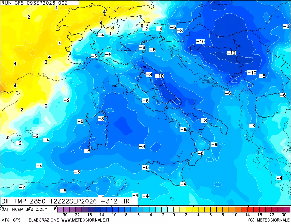 mappa Dif. Temp a 850 hPa Valid - Init