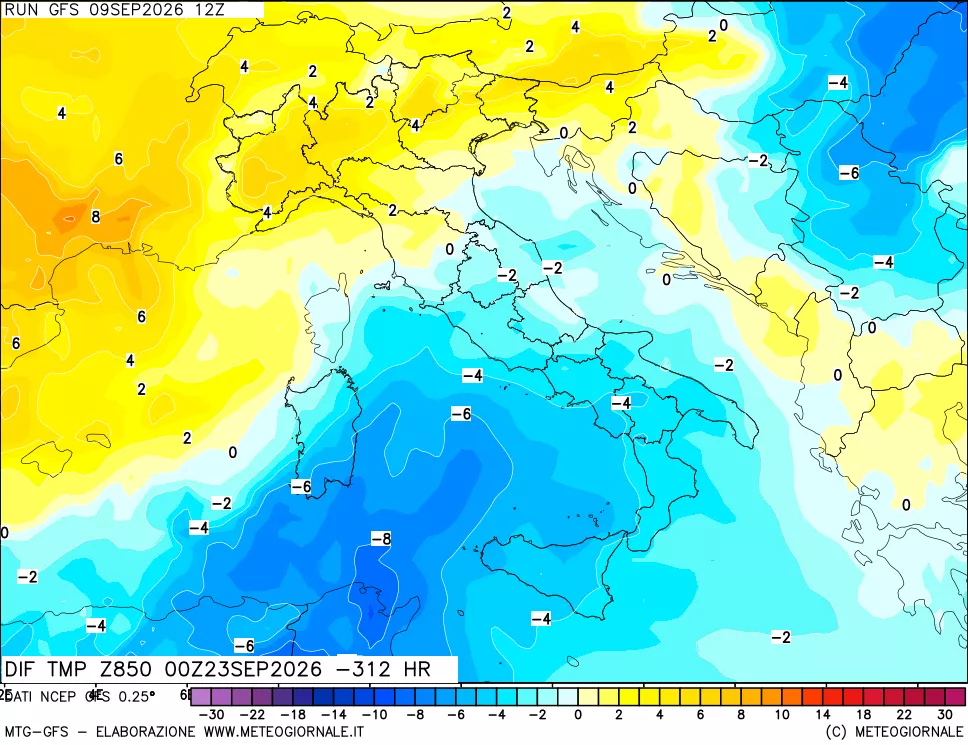 mappa Dif. Temp a 850 hPa Valid - Init