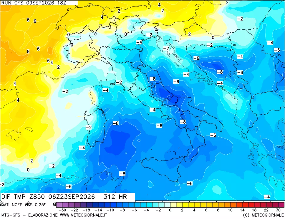 mappa Dif. Temp a 850 hPa Valid - Init