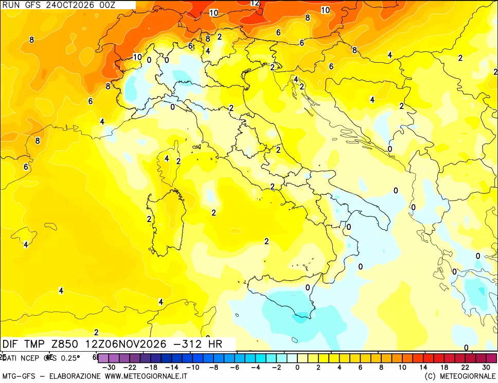mappa Dif. Temp a 850 hPa Valid - Init