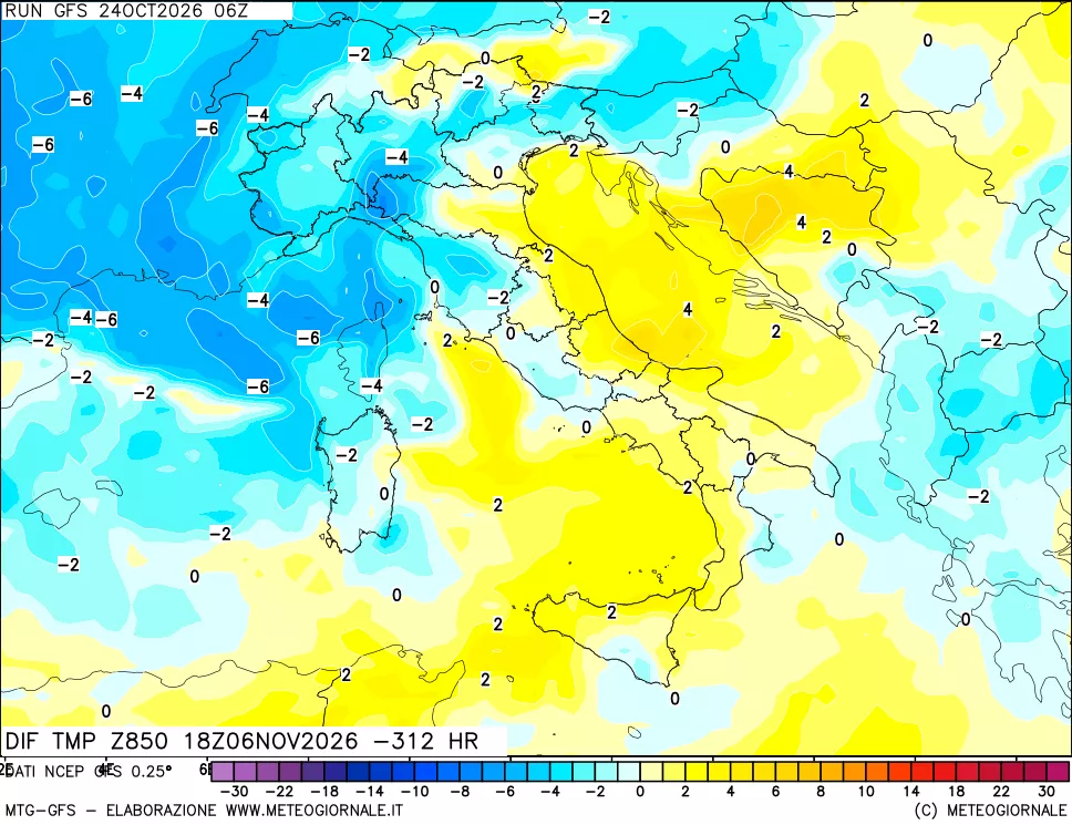 mappa Dif. Temp a 850 hPa Valid - Init