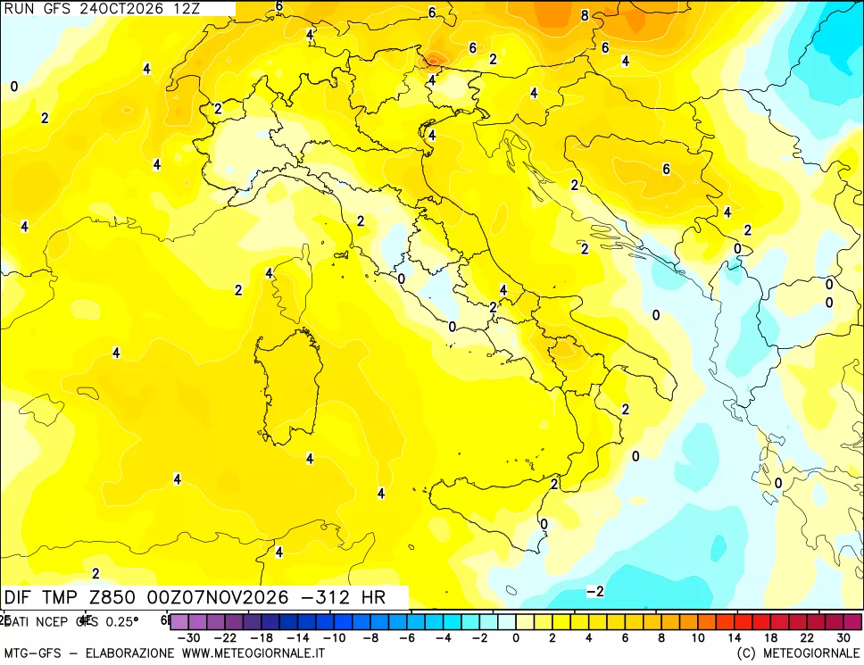 mappa Dif. Temp a 850 hPa Valid - Init