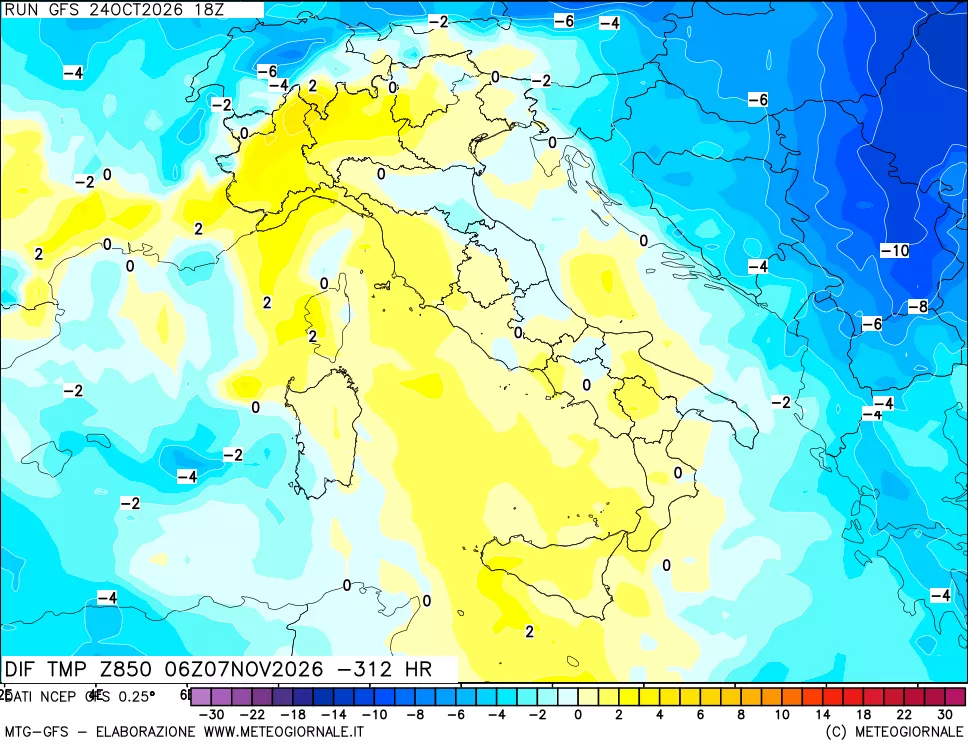 mappa Dif. Temp a 850 hPa Valid - Init
