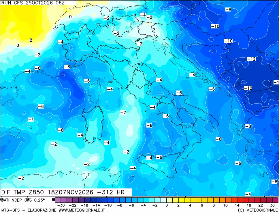 mappa Dif. Temp a 850 hPa Valid - Init