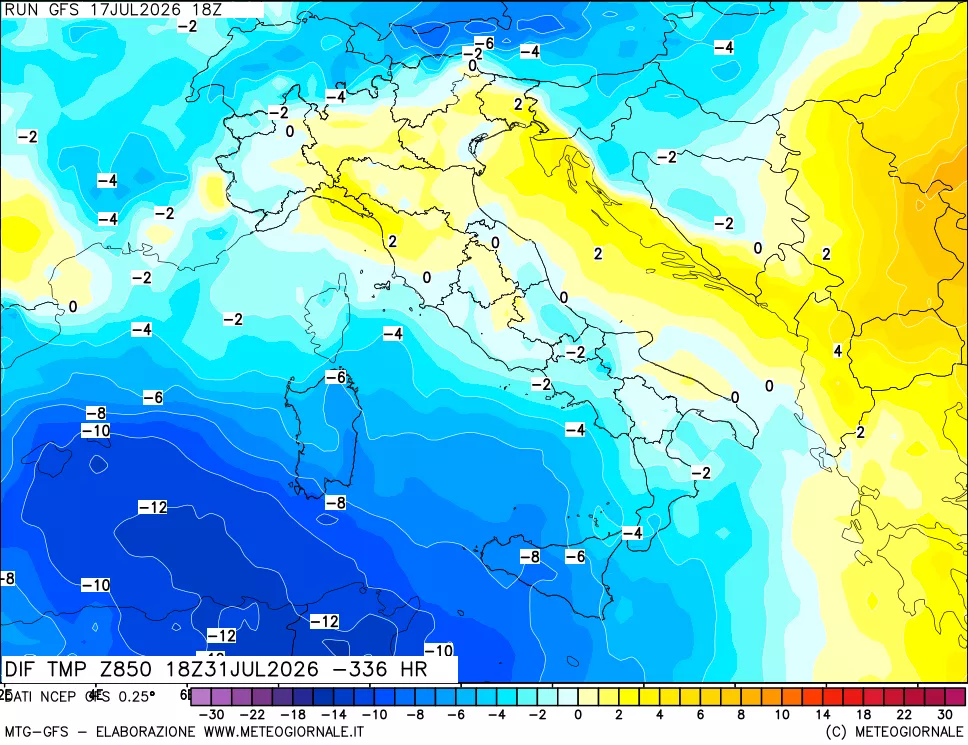 mappa Dif. Temp a 850 hPa Valid - Init