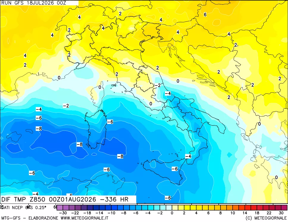 mappa Dif. Temp a 850 hPa Valid - Init