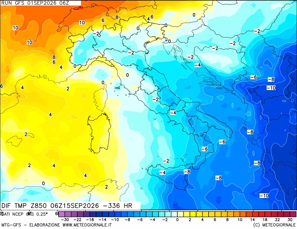 mappa Dif. Temp a 850 hPa Valid - Init
