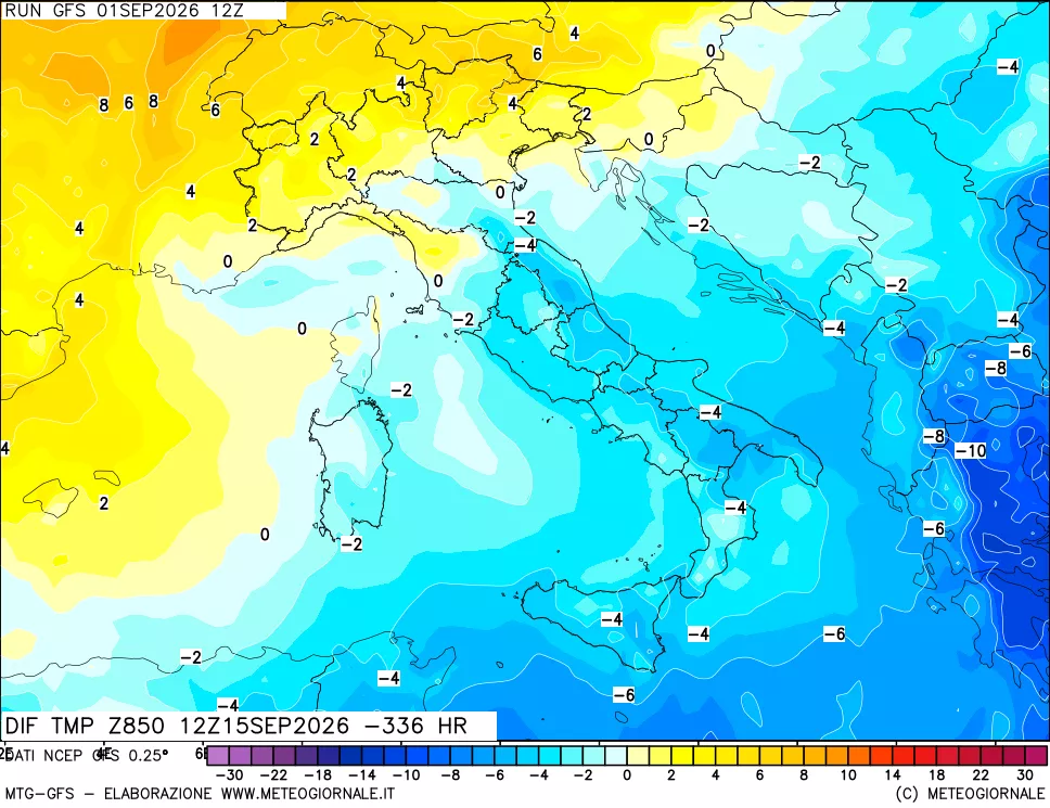 mappa Dif. Temp a 850 hPa Valid - Init