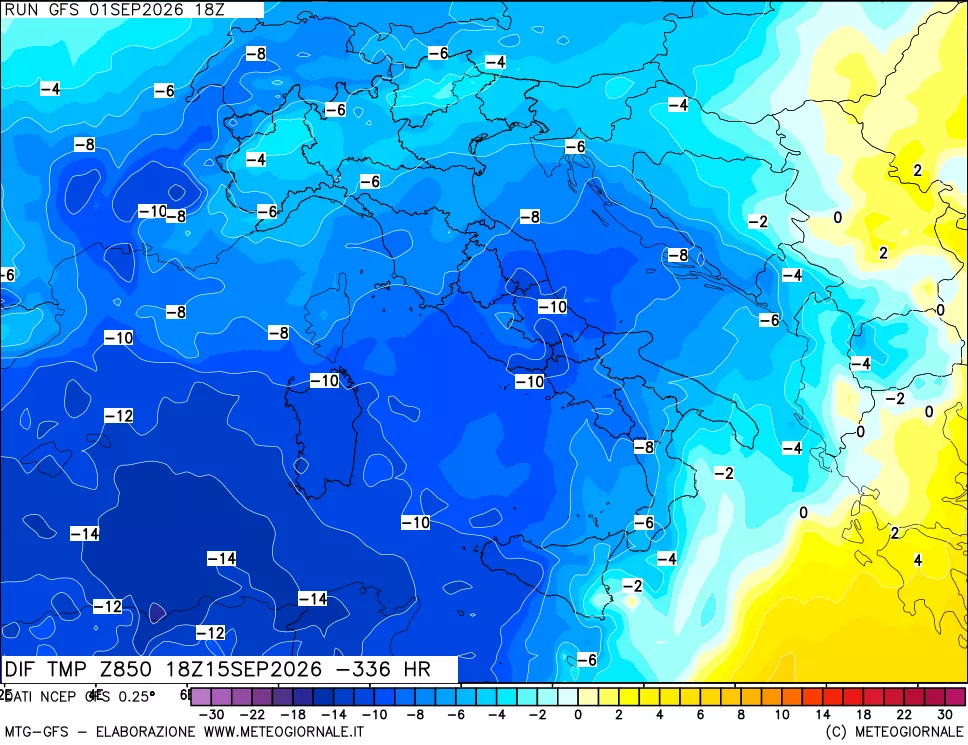 mappa Dif. Temp a 850 hPa Valid - Init