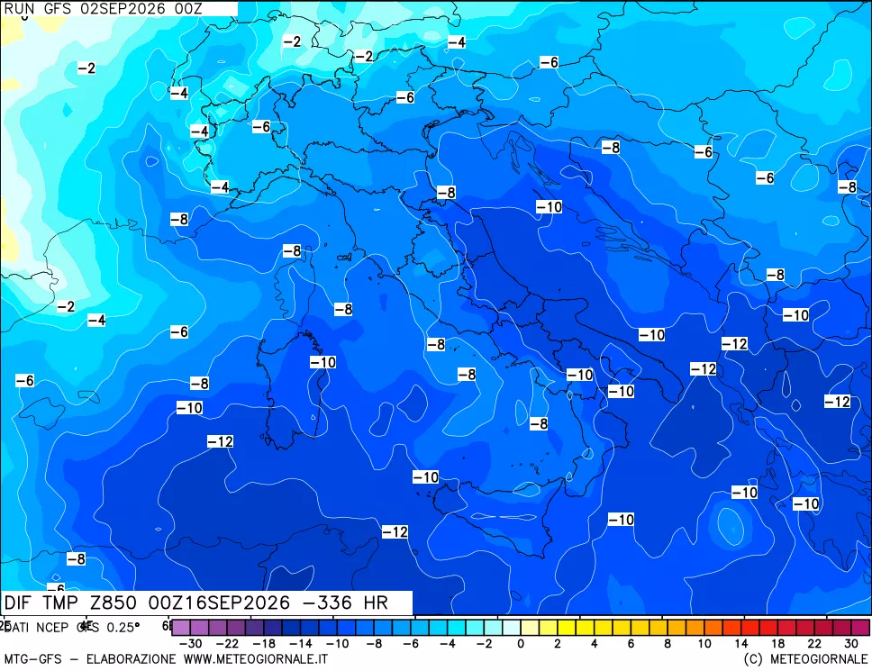 mappa Dif. Temp a 850 hPa Valid - Init