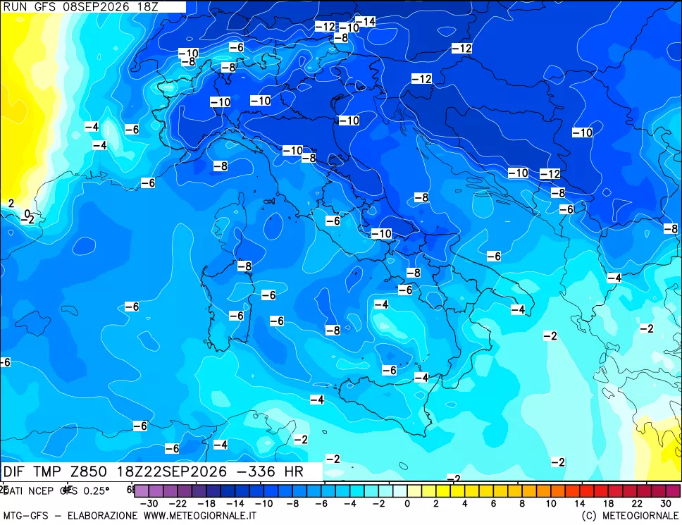 mappa Dif. Temp a 850 hPa Valid - Init