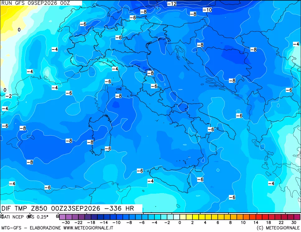 mappa Dif. Temp a 850 hPa Valid - Init