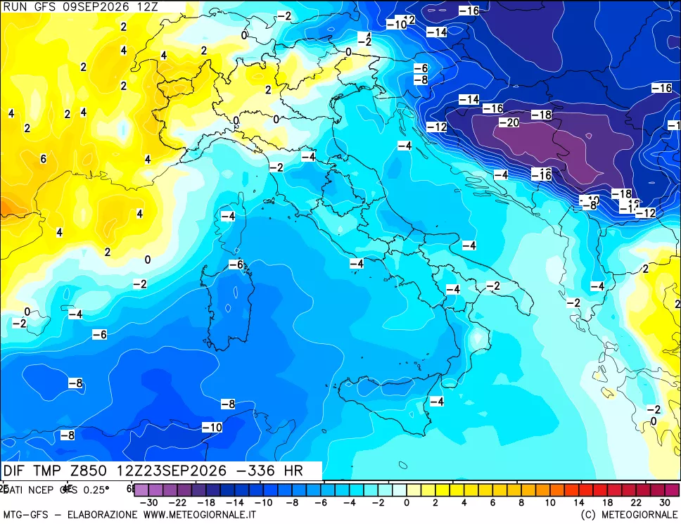 mappa Dif. Temp a 850 hPa Valid - Init