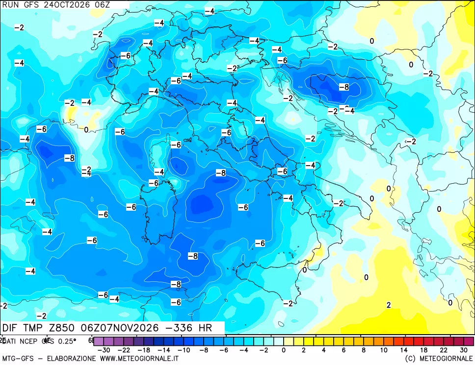 mappa Dif. Temp a 850 hPa Valid - Init