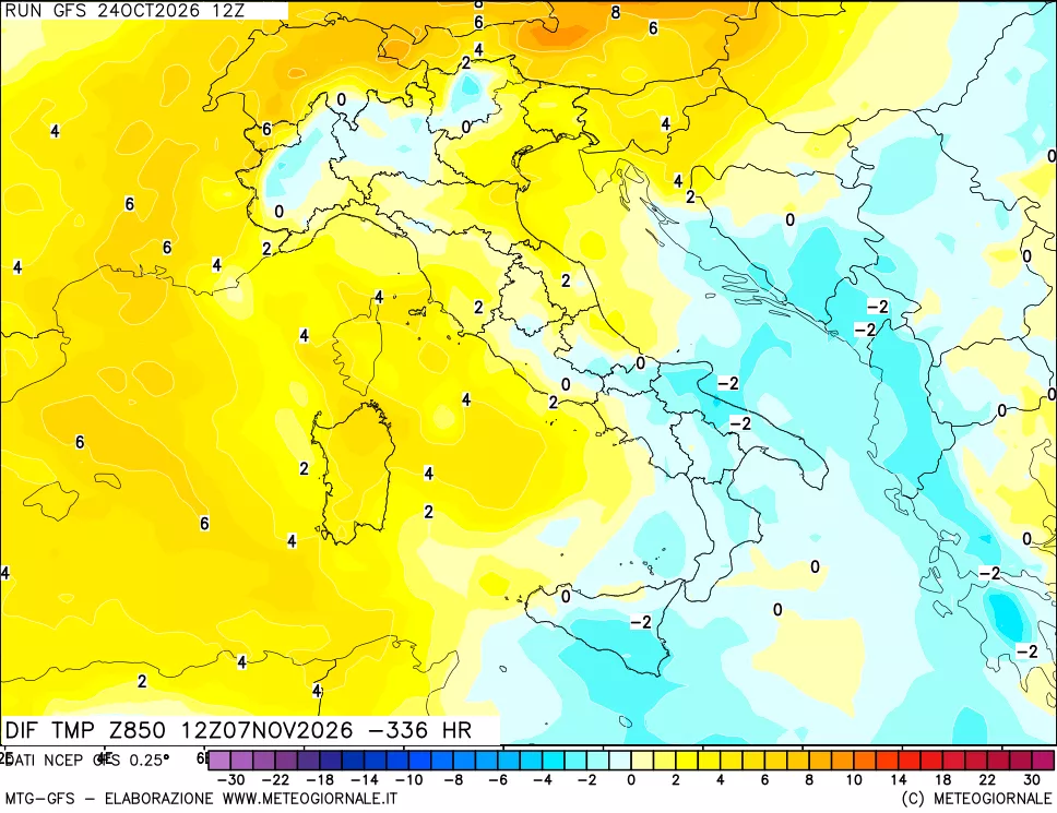 mappa Dif. Temp a 850 hPa Valid - Init