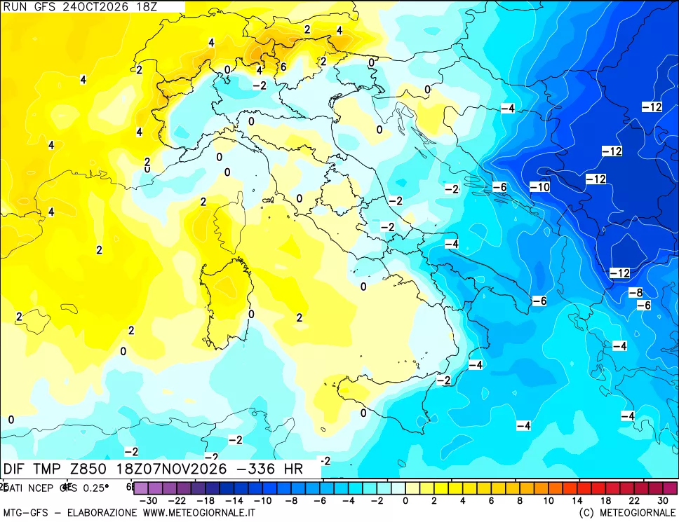 mappa Dif. Temp a 850 hPa Valid - Init