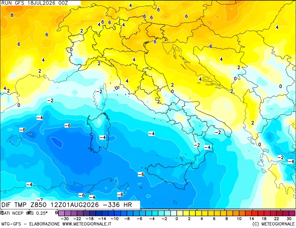mappa Dif. Temp a 850 hPa Valid - Init