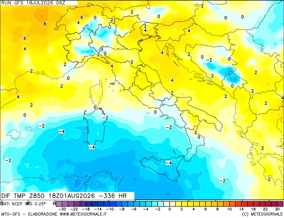 mappa Dif. Temp a 850 hPa Valid - Init