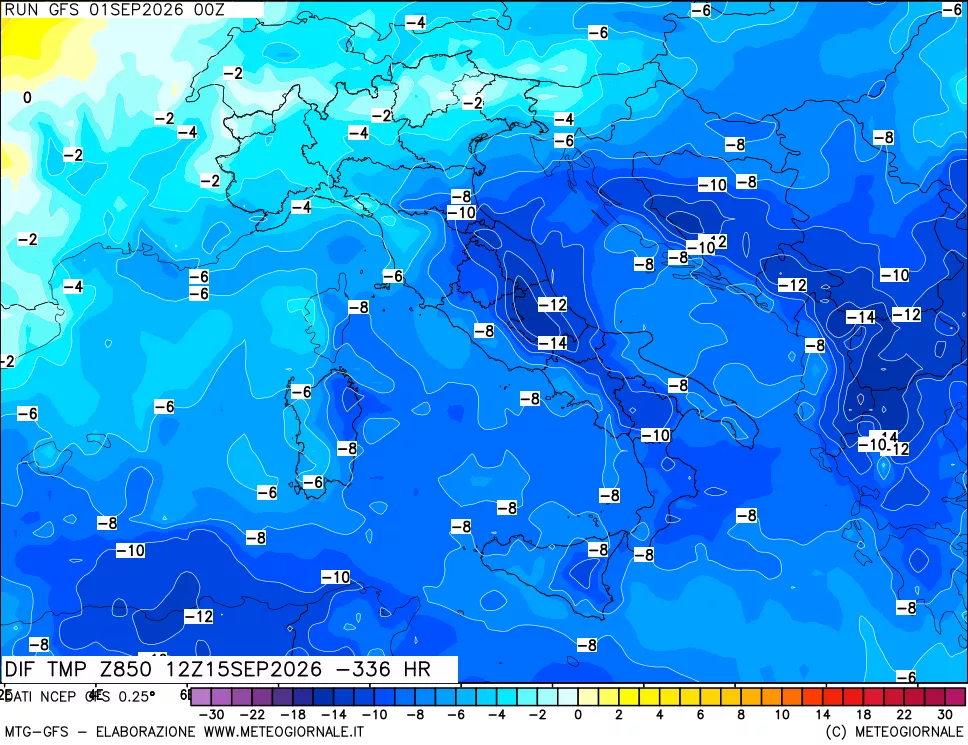mappa Dif. Temp a 850 hPa Valid - Init