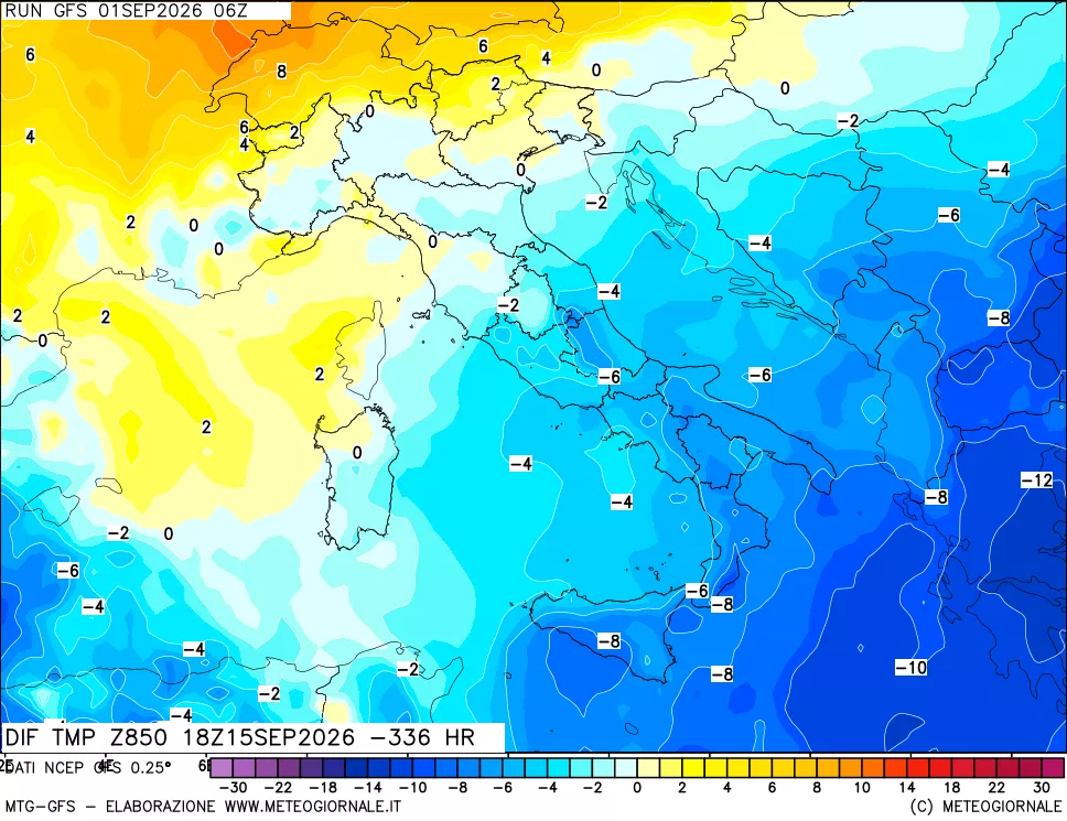 mappa Dif. Temp a 850 hPa Valid - Init