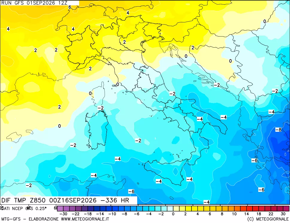 mappa Dif. Temp a 850 hPa Valid - Init