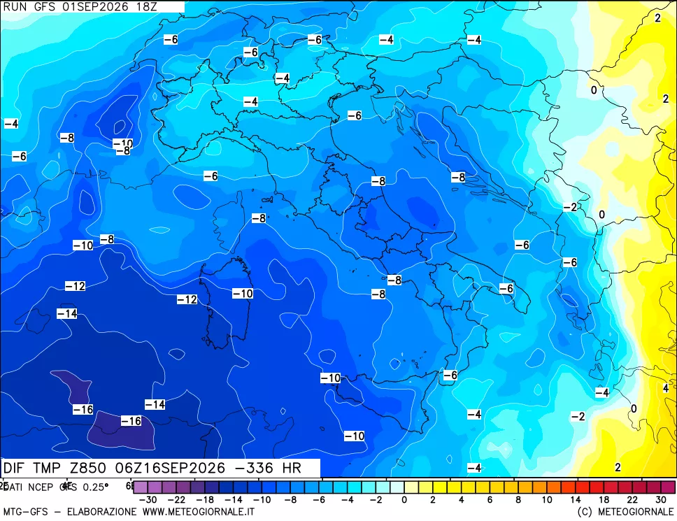 mappa Dif. Temp a 850 hPa Valid - Init
